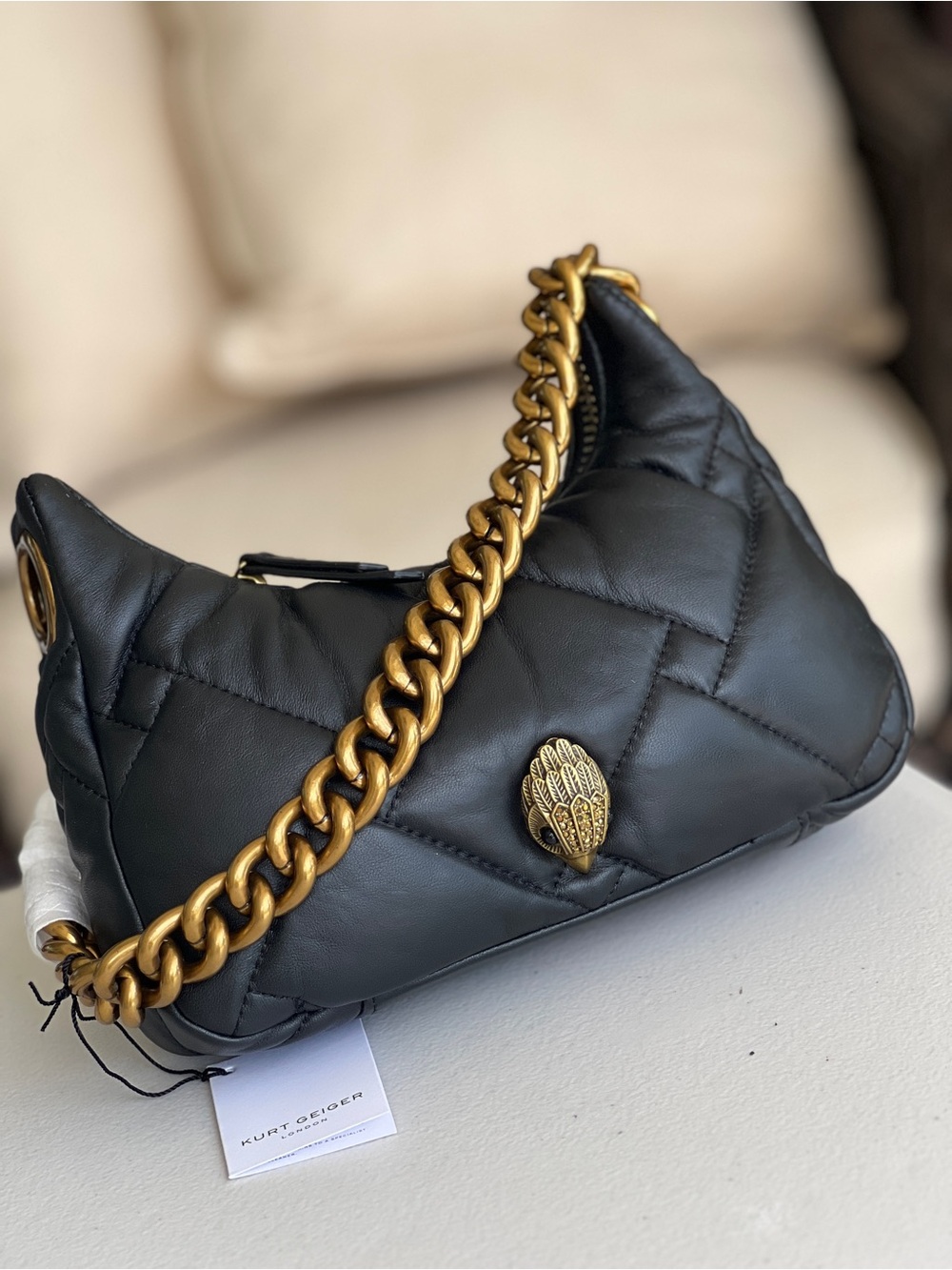 Kurt Geiger Kensington Small Quilted Hobo on Chain Black NWT - Picture 2 of 15
